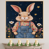 Bunny Wall Art Cute Rabbit in Overalls with Flowers Farmhouse Decor for Bedroom Nursery or Gifts for Animal Lovers and Cottagecore and Country Home Fans on Ready to Hang 1.5" Thick Canvas Wrap, Floating Framed Canvas, Flat Rolled Canvas